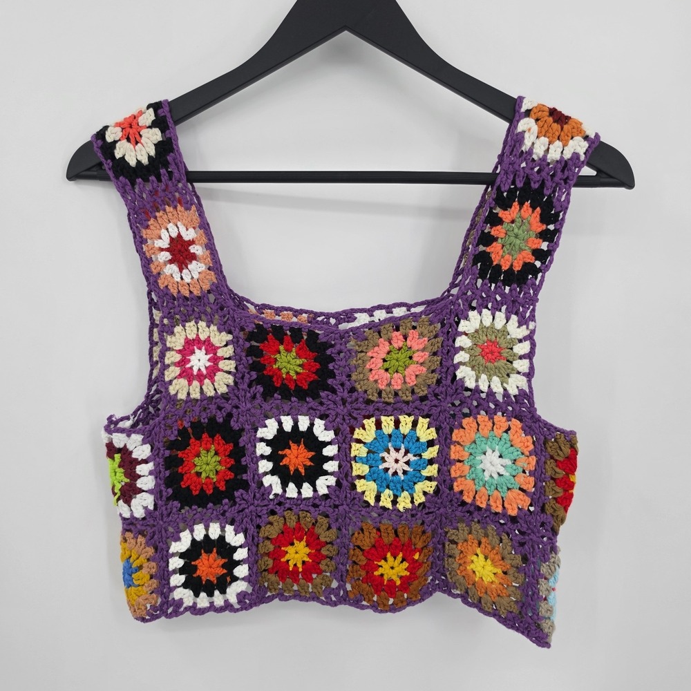 Crochet Granny Square Crop Top M Boho Festival Cottage Hippie Purple Knit